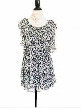 Ya Los Angeles Blue Flower Print Ruffled Silk Blend Dress Sz S